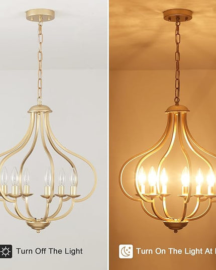 18‘’ Antique Gold Farmhouse Chandelier, 6 Light Dining Room Light Fixtures Modern Industrial Candle Pendant Lights Kitchen Island, Bedroom, Foyer, Living Room, Entryway