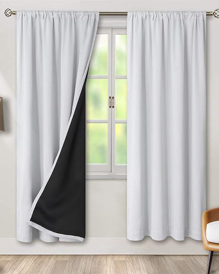 BGment Thermal Insulated 100% Blackout Curtains for Bedroom with Black Liner, Double Layer Full Room Darkening Noise Reducing Rod Pocket Curtain (52 x 72 Inch, Greyish White, 2 Panels)