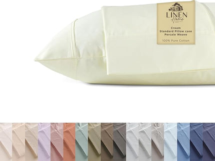 Linen Home 100% Cotton Percale Pillowcases Queen/Standard Size, Cream, 2 Pieces of Pillow Case, Crisp and Cool Strong Bed Linen, 20 inches X 30 inches