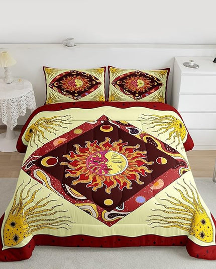 Sun Moon Kids Comforter Set King Size,Starry Sky Galaxy Psychedelic Bedding Set,Boys Girls Adults Room Decor,Bohemia Exotic Geometric Creative Down Comforter,Red Retro Duvet Insert,2 Pillowcases
