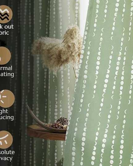 jinchan 95% Blackout Bohemian Moon Phase Print Bedroom Curtains 63 inch Length sage Green Pole Mouth Rear Label Heat Insulated Curtains for Nursery Curtain Set 2 Panels