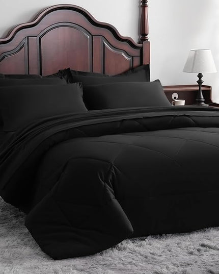 NTBAY King Comforter Set with Sheets, 7 Pieces Soft and Breathable King Bedding Set, Bed in a Bag, Down Alternative Comforter Set Solid Color All Season, King Bedding Set, Black