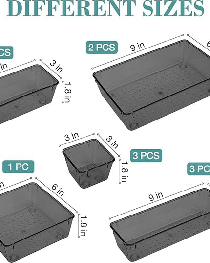 13 PCS Drawer Organizer Set, 5 Varied Size Bathroom and kitchen Drawer cabinet organizer Trays, Clear Storage Bins for Makeup, Jewelry, Utensils and Gadgets, Black