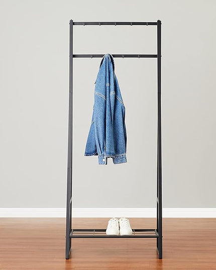 Amazon Basics 9 Hooks Coat Rack, Hallstand Entryway Shoe Bench with Metal 1-Tier Shelf, 13" D x 27.6" W x 69" H, Black