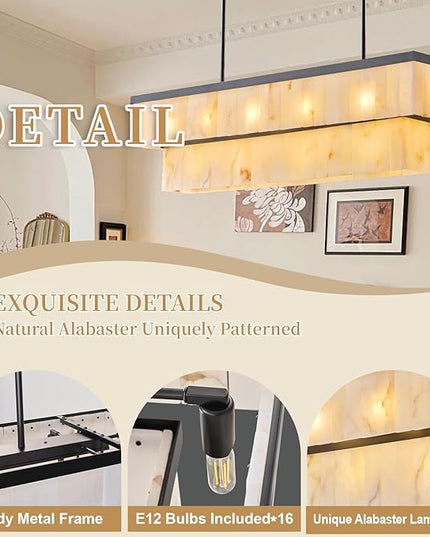 Rectangle Alabaster Chandelier, L54 Linear Chandeliers Over Table Pendant Light Modern Mrable Rectangular Chandelier for Kitchen Island Dining Room Living Room 2-Tier Black(Include 16 Bulbs)