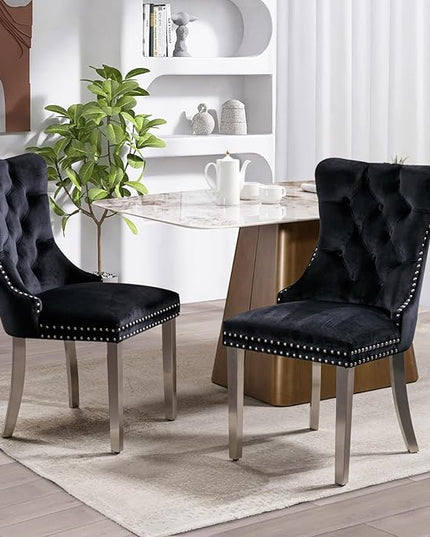 SoarFlash Velvet Dining Chair Set of 4, Upholstered Tufted Dining Room Chair with Nailhead Trim, Solid Silver Plated Leg for Kitchen (Black)