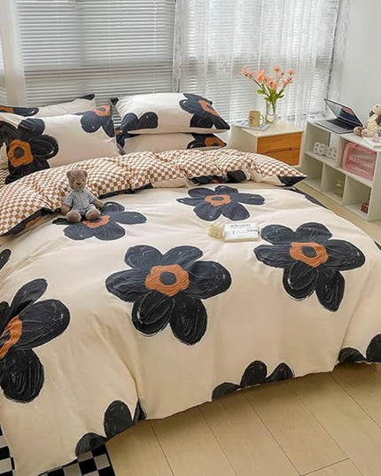 CLOTHKNOW Sunflower California King Comforter Set 3Pcs Black Floral Bedding Comforter Sets Brown Grid Comforter Boho Comforter Sets Cal King
