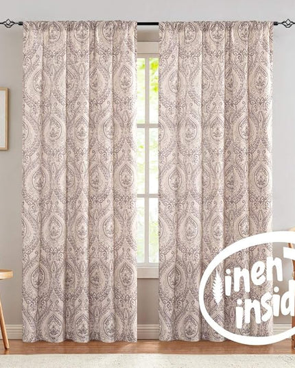 jinchan Linen Blend Curtains for Living Room, Damask Medallion Pattern Curtains 63 Inch Length 2 Panels Set for Bedroom, Light Filtering Drapes, Vintage Print Window Treatments, Back Tab Purple
