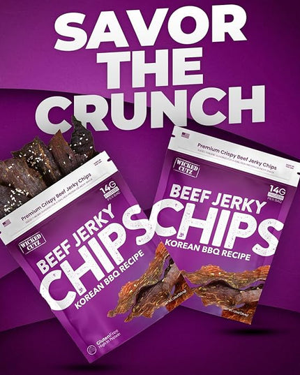 Wicked Cutz Korean BBQ Beef Jerky Chips, 14g Protein per Bag, Crispy & Crunchy Beef Jerky Crisps, USA Made Barbeque Flavored Chips, High Protein Carnivore Snacks (2 Bags)