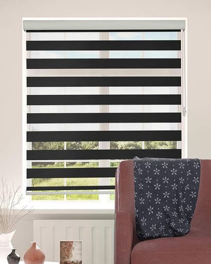 Shadesu Custom Size Zebra Blinds for Windows, 36" W x 72 H, Black, Dual Layer Free-Stop Zebra Shades, Light Control for Day and Night, Sheer Blinds for Indoor Windows, Bedroom, Kitchen