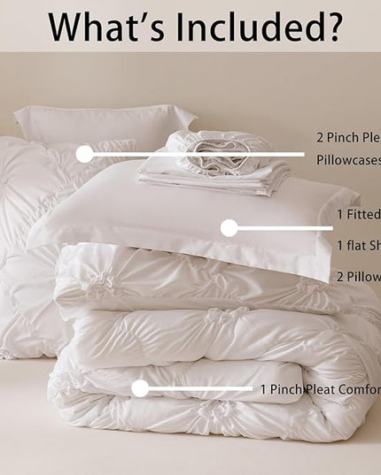 White Twin Comforter Set - 7 Pieces Bed in a Bag, Premium Comforters Twin Size Bed Set Pintuck Pinch Pleat Complete Comforter Set with Flat Sheet, Fitted Sheet and Pillowcases,White