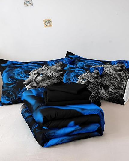 Merryword 8 Pieces Cheetah Leopard Bed in a Bag Blue Rose Comforter Set King Size Blue Flower Bedding Tiger Lion Wild Animal Comforter Set