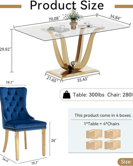 HomVent 70'' Glass Dining Table Set for 4, Modern Rectangle Glass Kitchen Table Set for 4, Kitchen Table and Chairs Set for 4 for Living Room,Kitchen