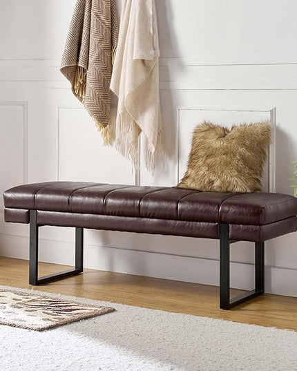 HULALA HOME 53" Faux Leather Entryway Bench, Button Tufted End of Bed Bench Ottoman for Bedroom, Living Room with Metal Base,Brown