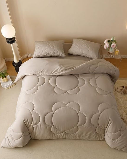 Luxlovery Beige Coffee Sunflower Comforter Set Cal King Light Khaki Bedding Comforter California King Cream Khaki Floral Boho Farmhouse Bedding Set Cal King Bed
