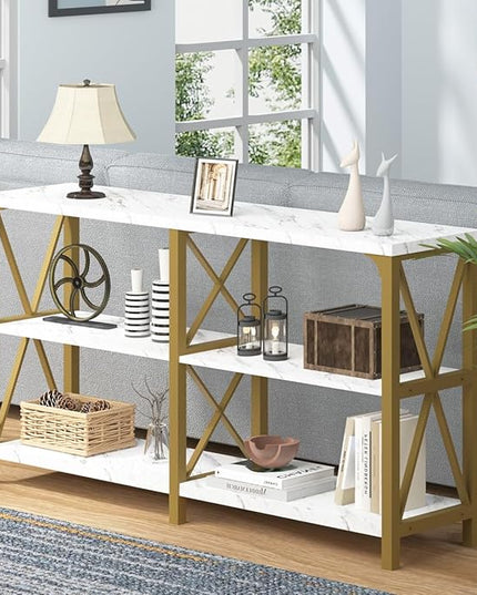 IBF Modern 3 Tier Entryway Table, Industrial Metal Wood TV Console Table with Storage Shelves, Farmhouse White Faux Marble and Gold Sofa Accent Table for Hallway Entry Way Foyer Living Room, 55 Inch