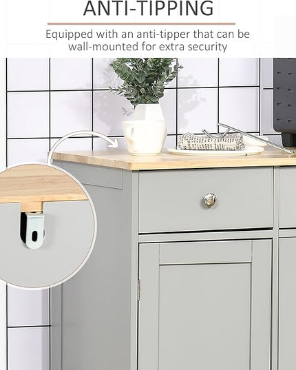 HOMCOM Sideboard with Solid Wood Countertop, Modern Kitchen Storage Cabinet, Coffee Bar Cabinet with 3 Drawers, Doors and Adjustable Shelf, Gray