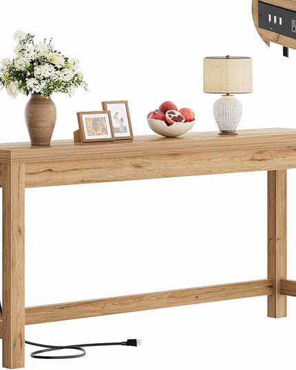 Cyclysio 63" Console Tables for Entryway, Long Console Tables for Living Room, Behind Couch Table, Sturdy Wood Support Farmhouse Entryway Table with 3AC+2USB Charging‌ Station, Natural Oak