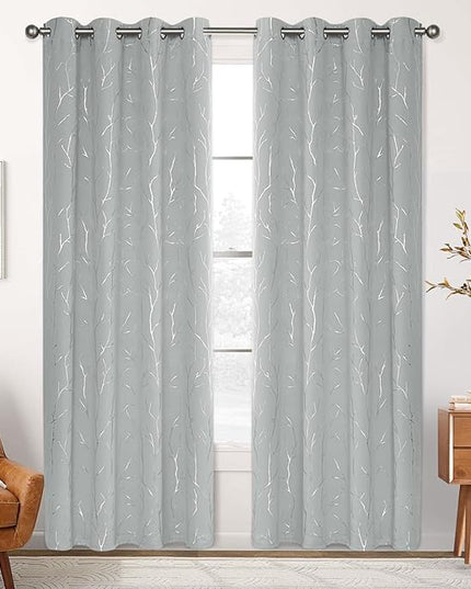 BUHUA Kids Room Darkening Curtains 84-inch Silver Tree Branch Blackout Curtains Grommet Curtains for Bedroom Window 52W×84L Silver Grey 2 Panels