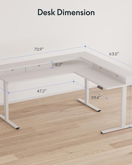 FLEXISPOT 71" Large L Shaped Standing Desk Electric Corner Table with Shelf, 4 Storage Drawers, Adjustable Computer Workstation for Home, Office, Game, Studio, White Top + White Frame