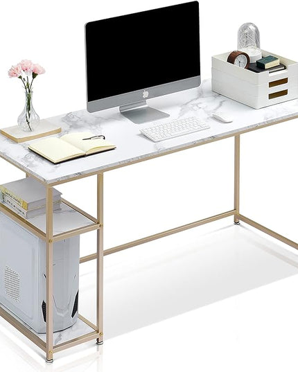 ivinta Computer Desk, Home Office Desk with Storage Shelves for Living Room, Bedroom, Office, Whale-ML55 (White and Gold, 55")