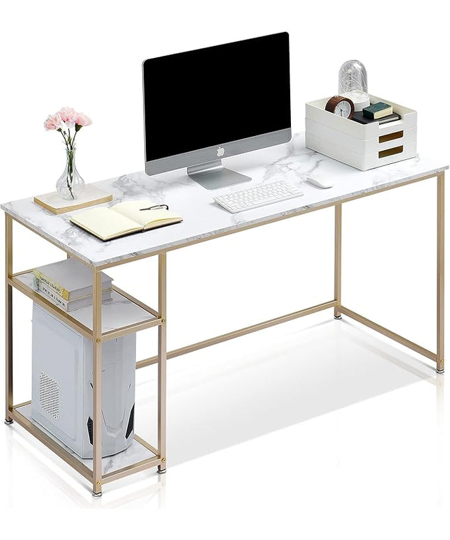 ivinta Computer Desk, Home Office Desk with Storage Shelves for Living Room, Bedroom, Office, Whale-ML55 (White and Gold, 55")