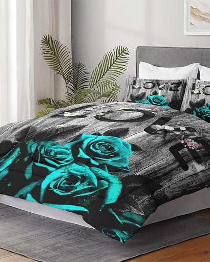 King Size Comforter Set with 2 Pillowcases, Cyan Rose Flower Love 3 Pcs Bedding for Kids and Adults, Summer Vintage Woodboard Soft Comforter Set for Bedroom Bed Decor