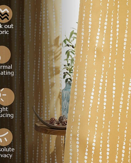 jinchan 95% Blackout Boho Curtains 63 Inch Length Moon Phases Printed Drapes Rod Pocket Thermal Insulated Curtains for Bedroom Nursery Mustard Yellow Window Drapes Curtain Set 2 Panels