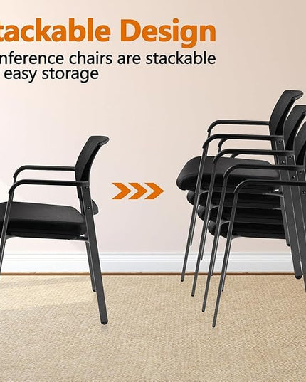 CLATINA Mesh Back Stacking Arm Chairs with Upholstered Fabric Seat and Ergonomic Lumbar Support for Office School Church Guest Reception Black 8 Pack Set New Version