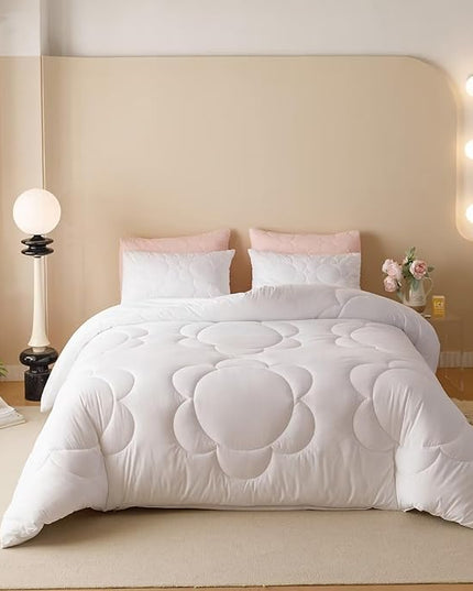 Houseri White Floral Comforter Set King Solid White Sunflower Comfy Fluffy Quilted Comforters King Size Bedding Sets