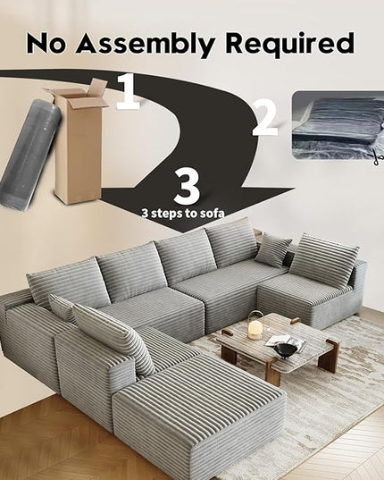 139.4" Modular Sectional Sofa, Oversized U-Shaped Minimalist Couches with 2 Middle Seats and 1 Ottoman Chaise, Modern Deep Seat Convertible Sleeper Sofa, Cloud Plush Corduroy Fabric,7 Seater, Grey