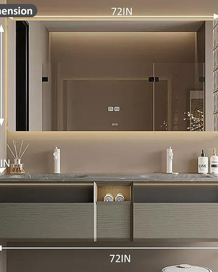 72IN Wood Bathroom Vanity - Double Sink Bathroom Vanity with Sink | Includes LED Intelligent Defogging Mirror Cabinet, 3 Drawers | Intelligent Induction Light & Integrated Double Sinks, Grey