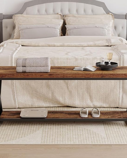 IBF Farmhouse Wood Bench, Industrial Storage Entryway Indoor Bench for Bedroom Hallway Living Room, Rustic Wooden Metal Shoe Rack Accent Foyer Bench Seat for Entrance Sitting, Rustic Brown, 47 in Long