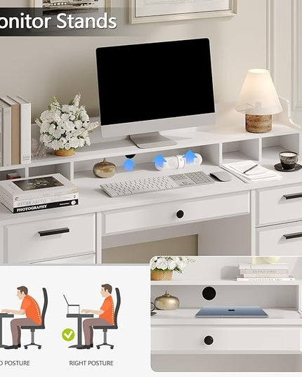 Executive Desk with Hutch, 58 Inch White Computer Desk with 5 Drawers, Home Office Desk with Storage, Rustic Desk with Adjustable Shelves and Storage Cabinet for Bedroom