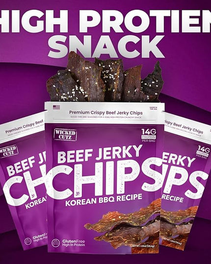 Wicked Cutz Jerky Chips Variety Pack, Up to 28g Protein Per Bag, Cracked Pepper, Teriyaki, Roasted Red Pepper, & Korean BBQ Flavored Beef Jerky Crisps, USA Made High Protein Carnivore Snacks (4 Bags)