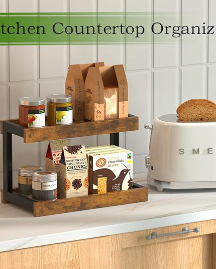 MARTY 2 Tier Spice Rack Organizer for Countertop, 15.8''L Coffee Station/Bathroom Organizer Countertop, Counter Shelf Desktop Storage Organizer for Kitchen, Bedroom, Office (Rustic Brown)