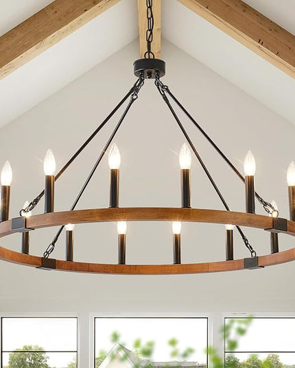 HHR 40 Inch Solid Wood Wagon Wheel Chandelier, 16-Light Farmhouse Chandelier for Dining Room, Modern Chandeliers for Foyer, Kitchen Island, Living Room, Entryway, E12
