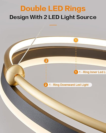 Modern LED Pendant Light 23.6" Black Gold Dimmable Circular LED Chandelier 1 Ring with Remote, Round Hanging Light for Kitchen Island Dining Room Living Room Foyer Entryway, 2-Ring Lighting