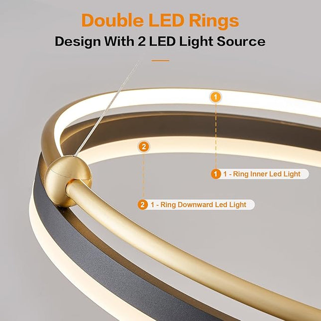 Modern LED Pendant Light 23.6" Black Gold Dimmable Circular LED Chandelier 1 Ring with Remote, Round Hanging Light for Kitchen Island Dining Room Living Room Foyer Entryway, 2-Ring Lighting