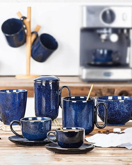 vicrays Ceramic Coffee Mug Set - 18 Ounce Large Stoneware Mug for Men Women - Unique Glazed Porcelain Mugs with Handle for Coffee Latte Tea Milk Cocoa - Set of 4 (Blue)