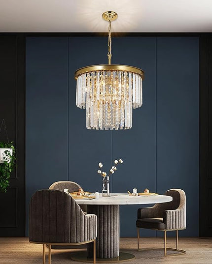 Modern Gold Crystal Chandelier, 9-Light Copper Pendant Ceiling Light Fixture for Dining Room, Kitchen Island, Bedroom