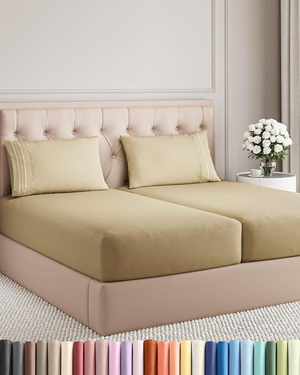 Split King Size 5 Piece Sheet Set - Comfy Breathable & Cooling Bed Sheets Set - Hotel Luxury Bedding for Women, Men, Kids, Teens, Boys & Girls - Deep Pockets, Soft and Wrinkle Free - Oeko-Tex - Beige