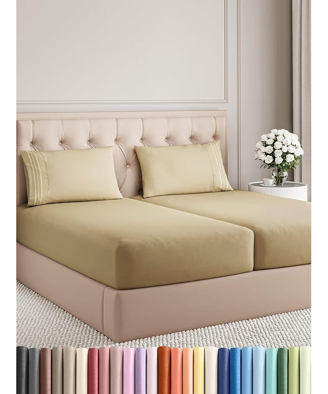 Split King Size 5 Piece Sheet Set - Comfy Breathable & Cooling Bed Sheets Set - Hotel Luxury Bedding for Women, Men, Kids, Teens, Boys & Girls - Deep Pockets, Soft and Wrinkle Free - Oeko-Tex - Beige