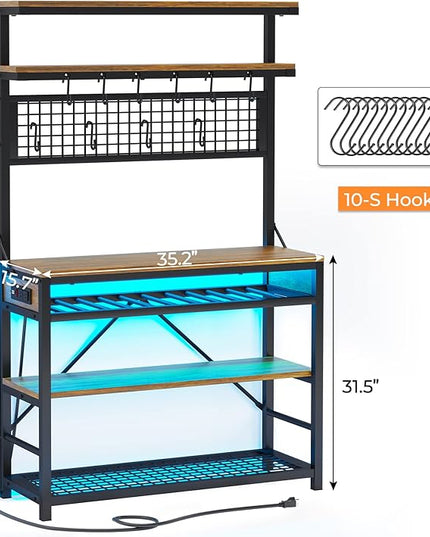 Itaar Bakers Rack with Power Outlet, 6-Tier Coffee Bar, Microwave Stand with Wine Rack, LED Lights and 10 Hooks, Bakers Racks for Kitchens with Storage, Rustic Brown