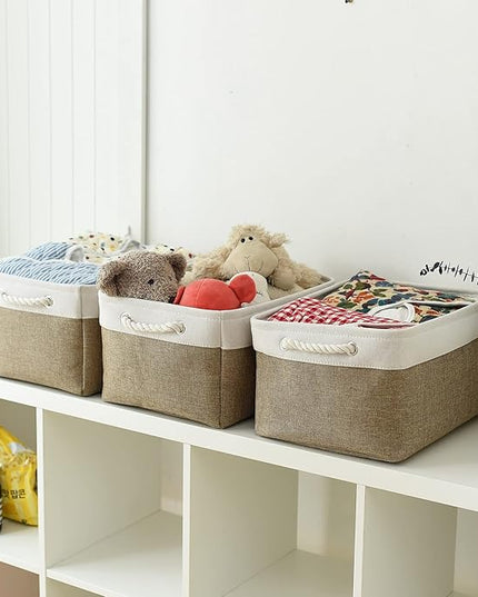 TheWarmHome Storage Basket for Organizing - 16x12x8 inch Large 3 Pack Collapsible Storage Bin for Shelves with Handles, Fabric Storage Cubes for Organizer Cloth Gift Toy Closet (Whiet & Khaki)