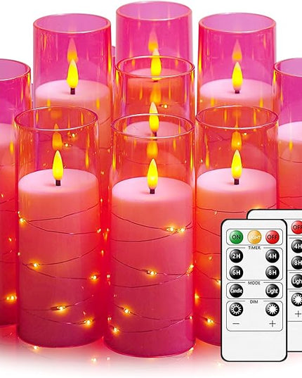 Flickering Flameless LED Candles,Battery Operated Candles 9 Pcs with Embedded Star String,Acrylic LED Pillar Candles with Remote,Suitable for Home Decoration to Create an Atmosphere (Pink)