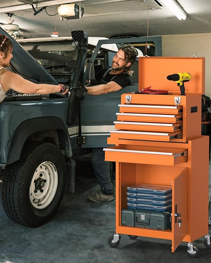 5-Drawers Tool Chest, 2-in-1 Rolling Tool Box with Wheels and Drawers, Detachable Storage Toolbox with Lock, Heavy-Duty Metal Tool Cart for Garage, Workshop (Orange)
