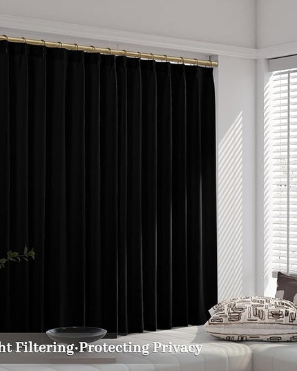Black Linen Short Pinch Pleated 45 inch Curtains for Windows Over Sink, Light Filtering Vintage Curtain Semi Sheer Privacy for Kitchen Cafe Small Window Back Tab Drape Home Decor 2 Panels Set
