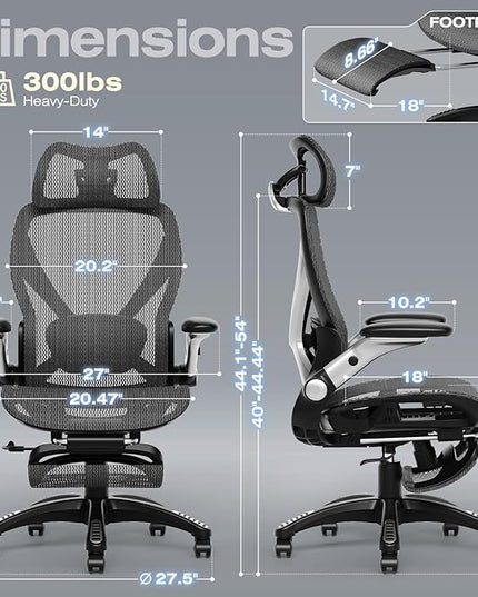 ELABEST X100 Ergonomic Office Chair with Footrest, Big and Tall Home Desk Chair with 5D Flip-Up Arms, Adjustable 3D Lumbar Support,High Back Rolling Computer Chair, Swivel Mesh Chairs (Midnight Mist)