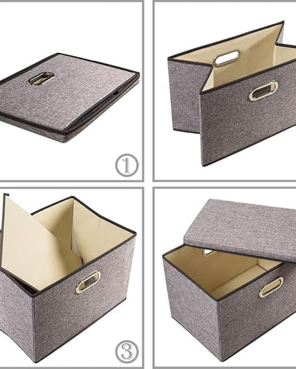 PRANDOM Large Foldable Storage Bin with Lid [1-Pack] Linen Fabric Decorative Storage Box Organizer Containers Basket Cube with Handles Divider for Bedroom Closet Office Living Room (17.7x11.8x11.8)